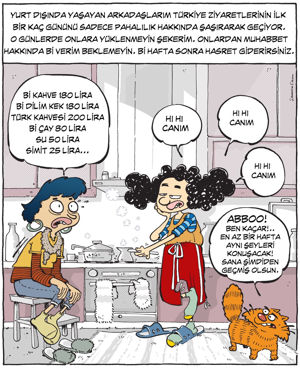 muzirorg's tweet photo. "Yurt dışında yaşayan arkadaşlarım Türkiye ziyaretlerinin ilk birkaç gününü sadece pahalılık hakkında şaşırarak geçiriyor. O günlerde onlara yüklenmeyin şekerim. Onlardan muhabbet hakkında bi verim beklemeyin. Bi hafta sonra hasret giderirsiniz." 
@semracan çizdi.
https://t.co/1DrWoDCOHj