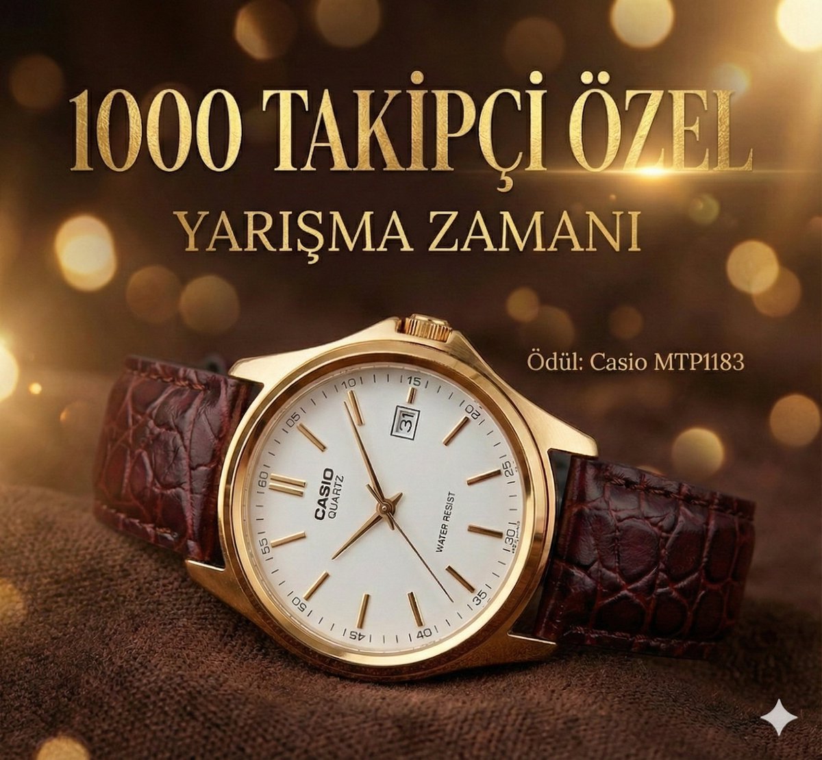 Evet dostlar, 1000 takipçi olmamız sebebiyle saat ödüllü yarışmamızın detayları şu: En sevdiğiniz saatin fotoğrafını yorumlarda paylaşın, en güzelini seçelim.

Katılım sağlamak için yapmanız gerekenler:
- Hesabımı takip ediniz.
- Bu gönderiyi beğenip RT atınız.
- Yorum kısmına
