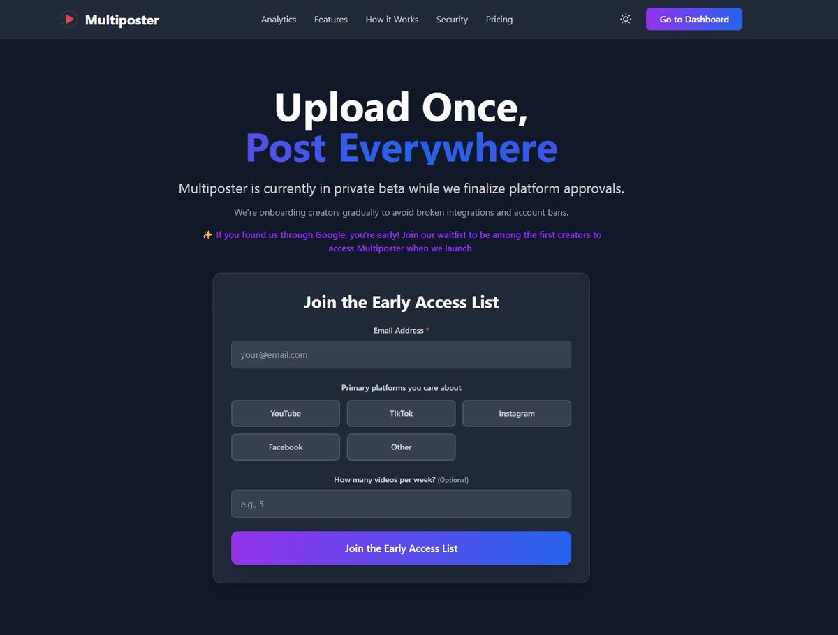 It's is a special feeling getting your application approved by social media platforms!
Multiposter now approved for youtube and tiktok uploads.
Launching in t-1 day ish

Multiposter.io Sign up for waitlist to get a notification when we launch