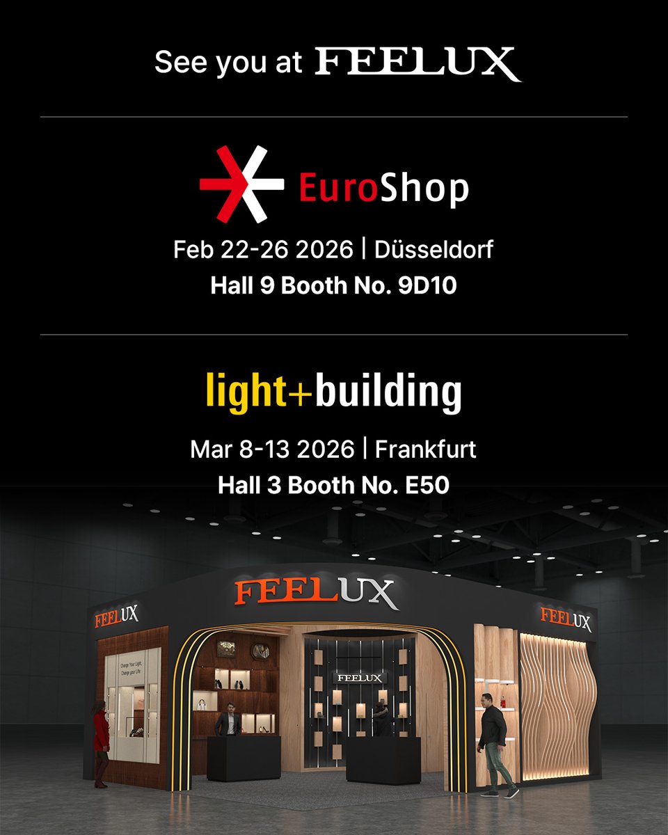 Feeluxglobal's tweet photo. FEELUX will be exhibiting at two major international trade fairs in 2026,
each highlighting different lighting solutions tailored to your project needs. https://t.co/REjubSWikY