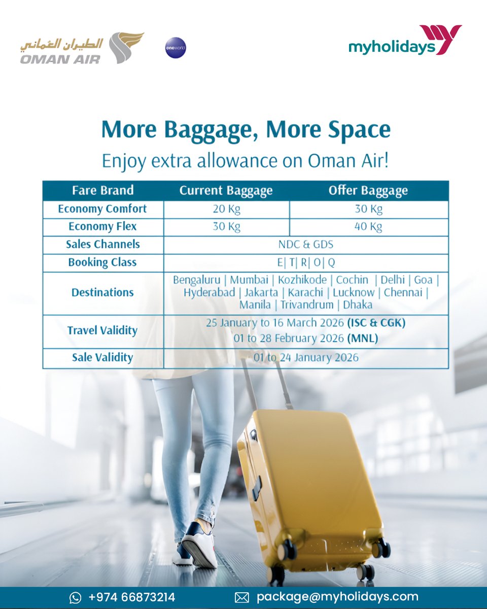 Embark On Your Next Adventure with Oman Air and Pack More Without Worry! 
 
Whether it's a quick weekend getaway or a long family vacation, 
 
#OmanAir #FlyOmanAir #ExtraBaggage #TravelMore  #AsiaTravel #TravelOffers #MyHolidays