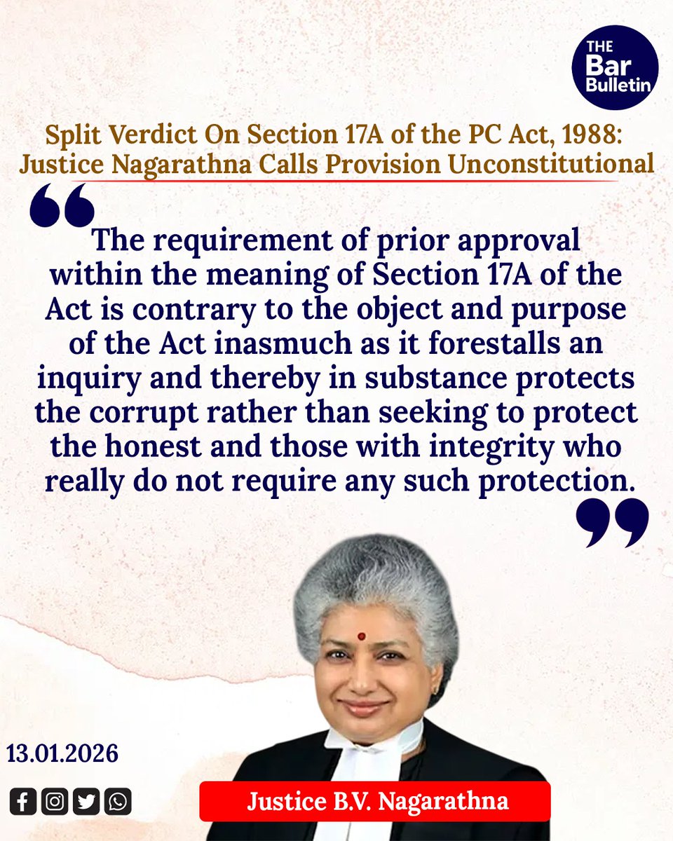 thebarbulletin's tweet image. Split Verdict On Section 17A: Justice Nagarathna Calls Provision Unconstitutional

#SupremeCourt #constitutionalvalidity #PreventionofCorruptionAct #priorapprovalinvestigation #Section17APCAct #splitverdict #thebarbulletin #legalupdates #legalnews
