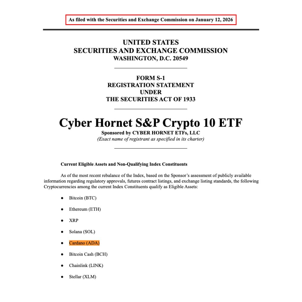 Cardanians_io's tweet image. JUST IN: 🇺🇸 Cyber Hornet has filed an S-1 with the SEC for the Cyber Hornet S&amp;amp;P Crypto 10 ETF.

The ETF would provide exposure to the top 10 cryptocurrencies, weighted by market cap.

$ADA is included in the index alongside $BTC, $ETH, $XRP, and others.