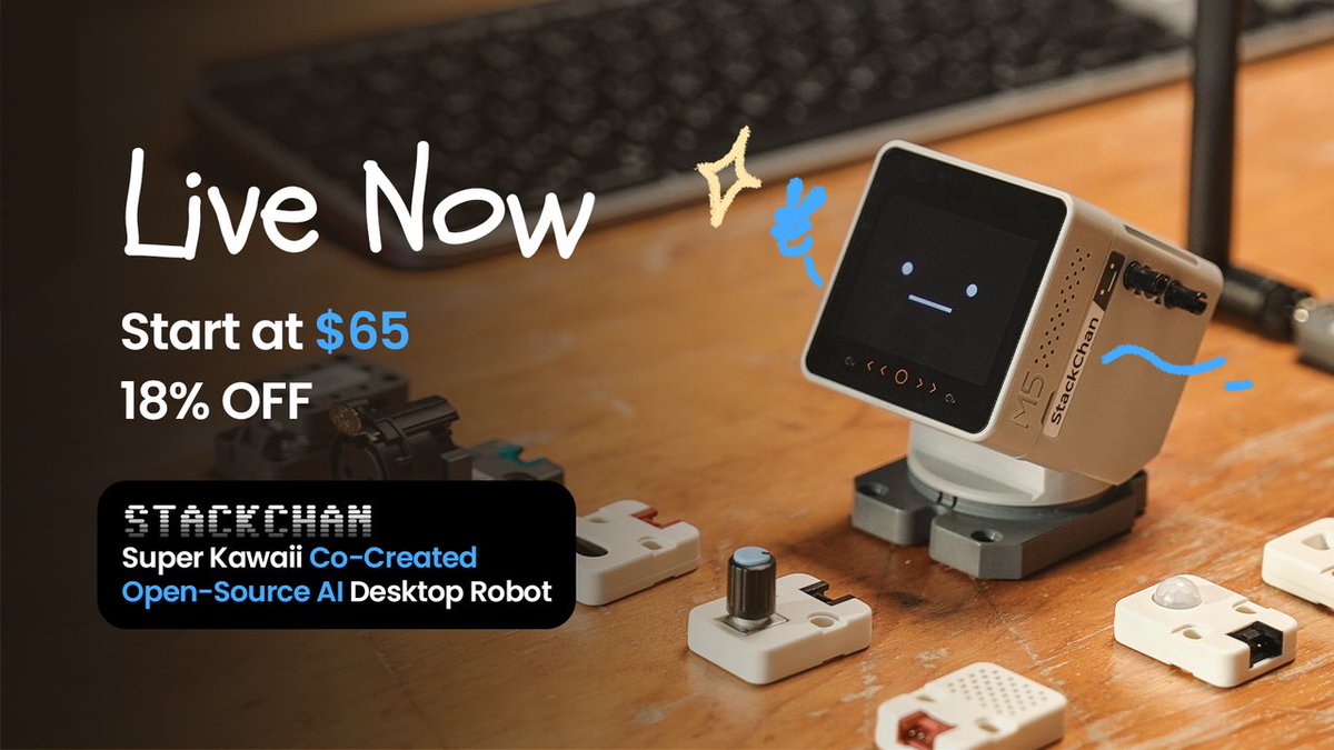 We're Live Now! 🎉
StackChan is officially live on Kickstarter.
A small open-source desktop robot you can play with, personalize, and keep growing in your own way.

⏰ Super Early Bird is available for the first 72 hours onlyFirst come, first served.
Discover your StackChan on