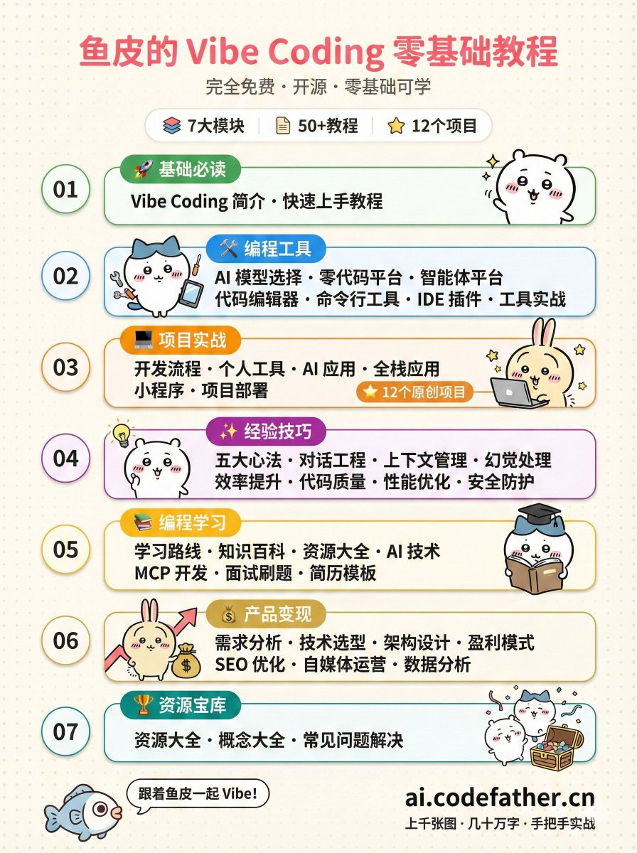 yupi996's tweet image. 承蒙厚爱，我创作的《Vibe Coding 零基础入门教程》已免费开源！🥳

上千张图、几十万字，结合了我两年半的 AI 编程经验 + 项目开发经验 + 产品变现经验，希望能帮你 快速掌握 Vibe Coding，哪怕零基础，也能开发上线自己的产品并盈利。

臭不要脸一下，我敢说这套免费教程吊打 90% 的付费 Vibe Coding…