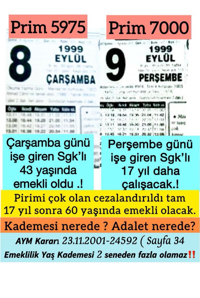 <a href="/mihribanugurluu/">Mihriban UĞURLU ⚖️</a> <a href="/EmadDernegi/">EMEKLİLİKTE ADALET DERNEĞİ ⚖️</a> 8 Eylül 1999’da çıkan yasa milyonlarca SGK’lıya haksızlık etti.
3 Mart 2023’te çıkan yasa ise bir kesimi tamamen kademesiz bıraktı.
Yasalar, adalet dağıtmak için değil mağdur yaratmak için çıkarılıyor!
<a href="/EmadDernegi/">EMEKLİLİKTE ADALET DERNEĞİ ⚖️</a>
#KademeİçinNöbete