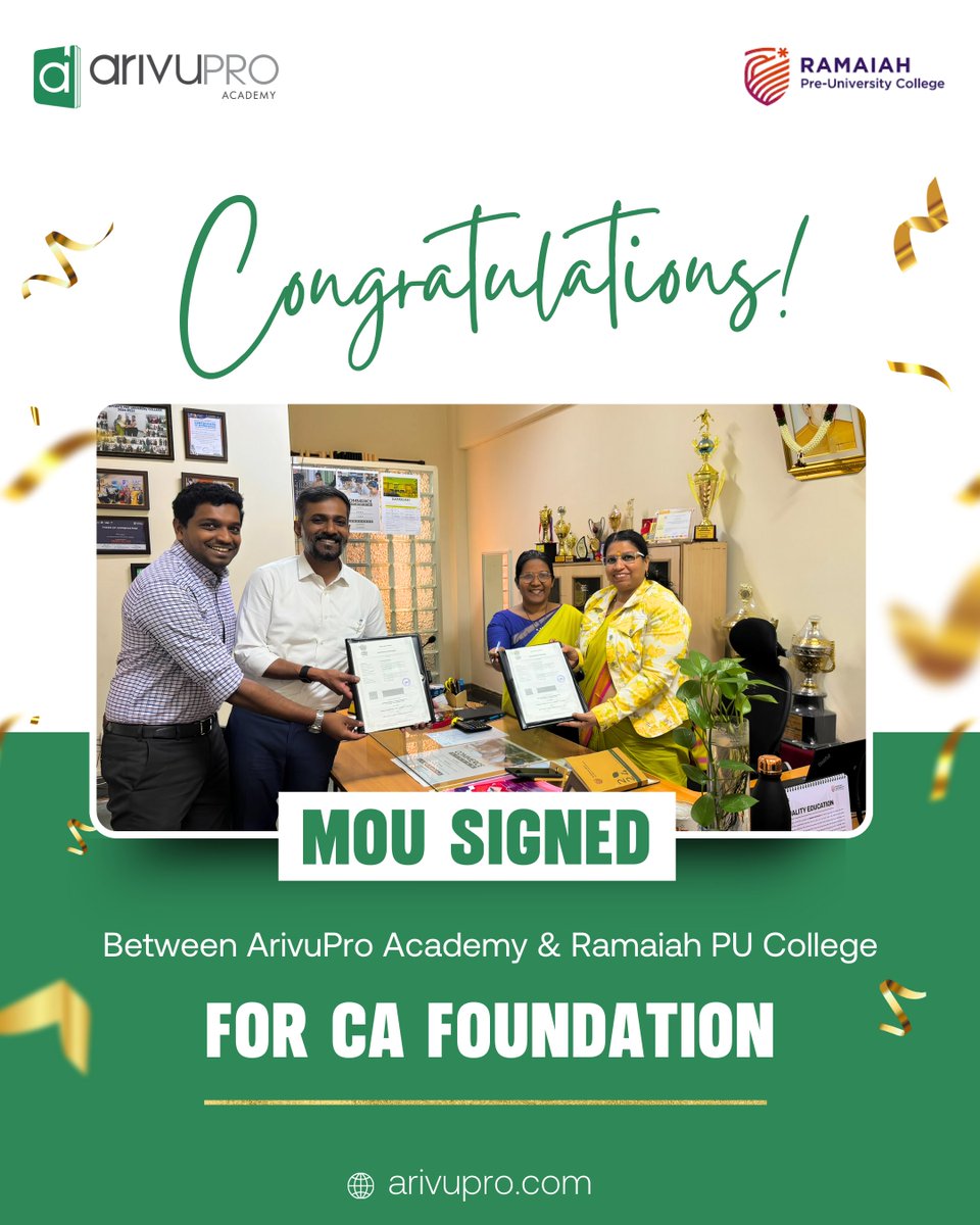 ArivuPro's tweet photo. ✨ We are proud to announce the signing of an MOU between ArivuPro Academy and Ramaiah Pre-University College 🤝

A new beginning. A stronger foundation. A brighter future. https://t.co/dOY2wPxwNe