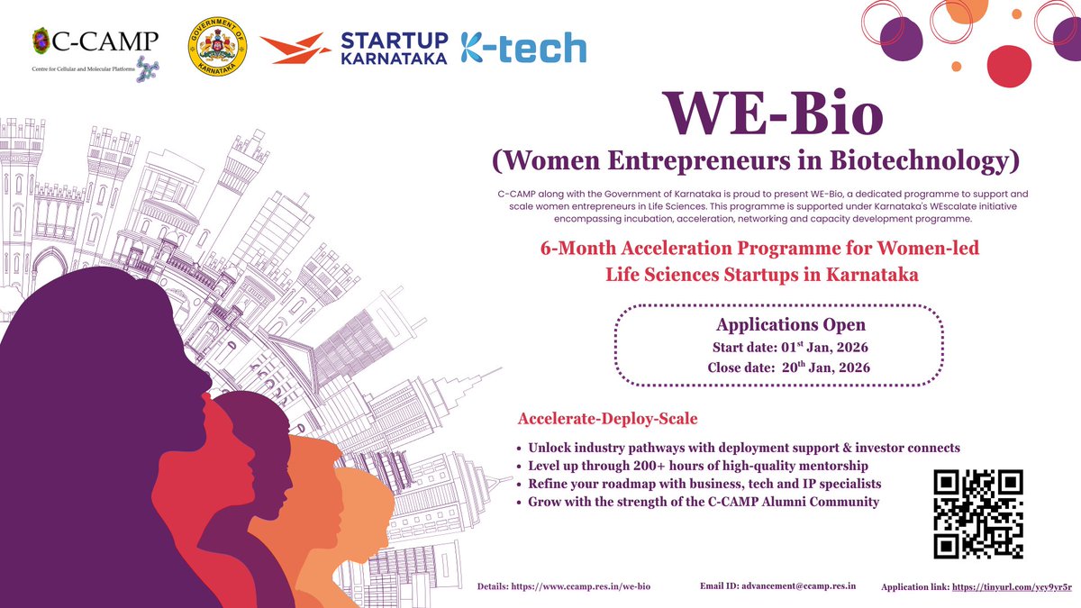 CCAMP_India's tweet photo. ⏳ Just one week left! Apply now!

Don’t miss your chance to be part of WE-Bio —  a six-month acceleration programme by CCAMP, supported by the Government of Karnataka's WEscalate initiative: https://t.co/auDdESJ2rK

Calling all Karnataka-based women entrepreneurs with Karnataka-registered, women-led startups in biotechnology or life sciences.

Know more: https://t.co/wMqwT7u3g0
Write to us: advancement@ccamp.res.in

@Taslimarif @PriyankKharge @DrCaur @ITBTGoK
@Startup_Kar @Ktech_biotech @DBTIndia @BIRAC_2012 @IndiaDST @NITIAayog @startupindia
@AIMtoInnovate @GoI_MeitY @meitystartuphub