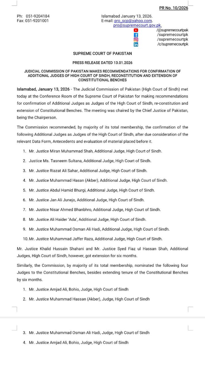 جوڈیشل کمیشن کا اجلاس ختم، اعلامیہ جاری
سندھ ہائیکورٹ کے جج کی مستقلی سے متعلق جوڈیشل کمیشن اجلاس ختم
جوڈیشل کمیشن نے 10 ججوں کی مستقلی کی منظوری دے دی