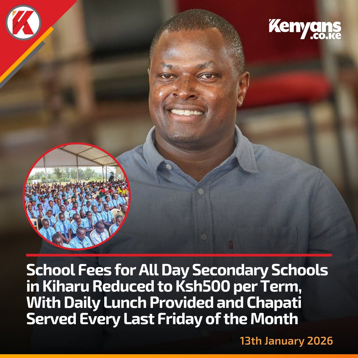 Kenyans's tweet image. School fees for all Day Secondary Schools in Kiharu reduced to Ksh500 per term