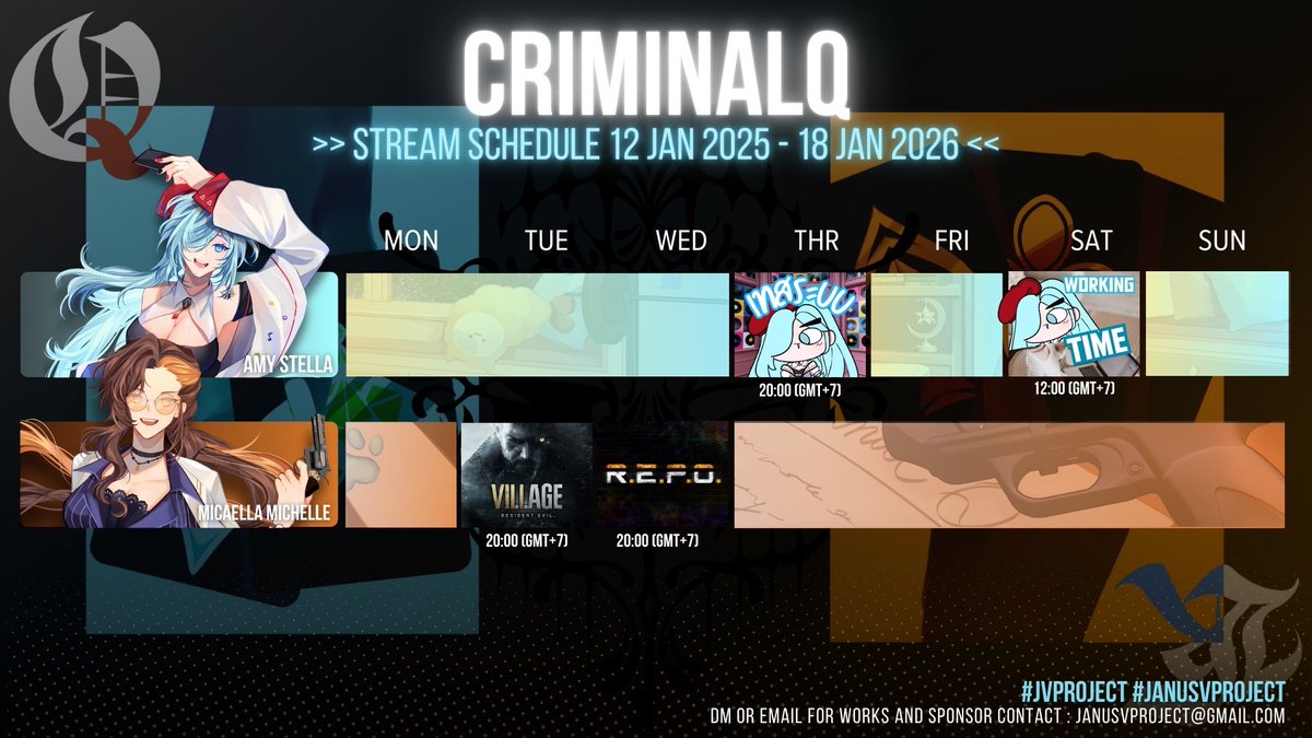 Janusv_Project's tweet image. SCHEDULE  12 JAN 2026 - 18 JAN 2026
 ========================        
-UNIT-   
#ZENTRION
#CRIMINALQ
========================       
#VtuberTH #JVProject