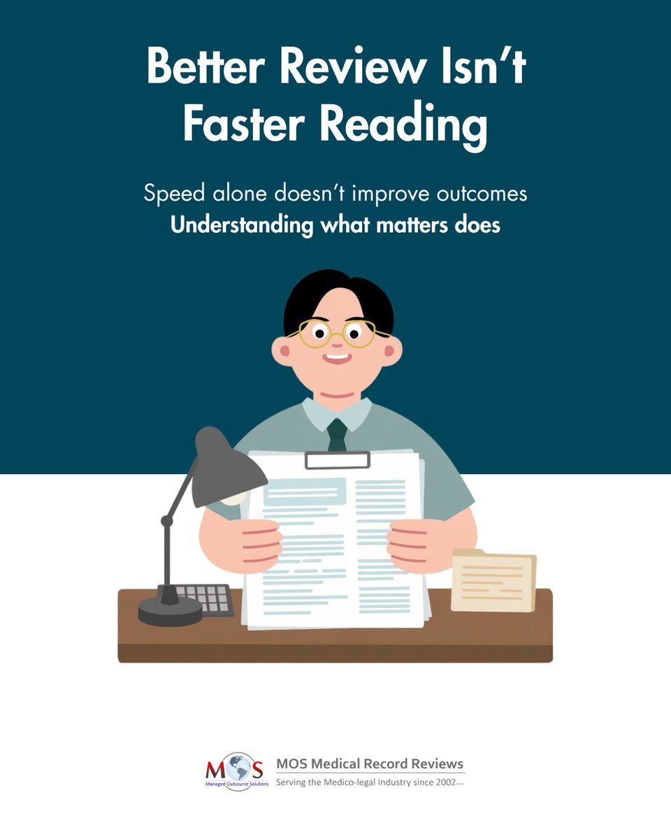 mosmedical's tweet image. As medical records grow more complex, review is no longer about speed or volume.  

It’s about identifying critical details early, structuring facts clearly, and strengthening decisions.  Insight over volume.  

#MedicalRecordReview #LegalStrategy #ReviewExcellence