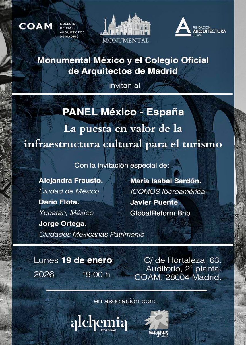 Estaremos presentes el 19 de enero en el Panel México–España sobre infraestructura cultural y turismo.
Nuestra vicepresidenta Elsa García participará en este encuentro clave para reforzar la cooperación entre España y México.
📍 <a href="/COAMadrid/">COAM</a>  | 19:00 h
#AEMEES #MéxicoEspaña