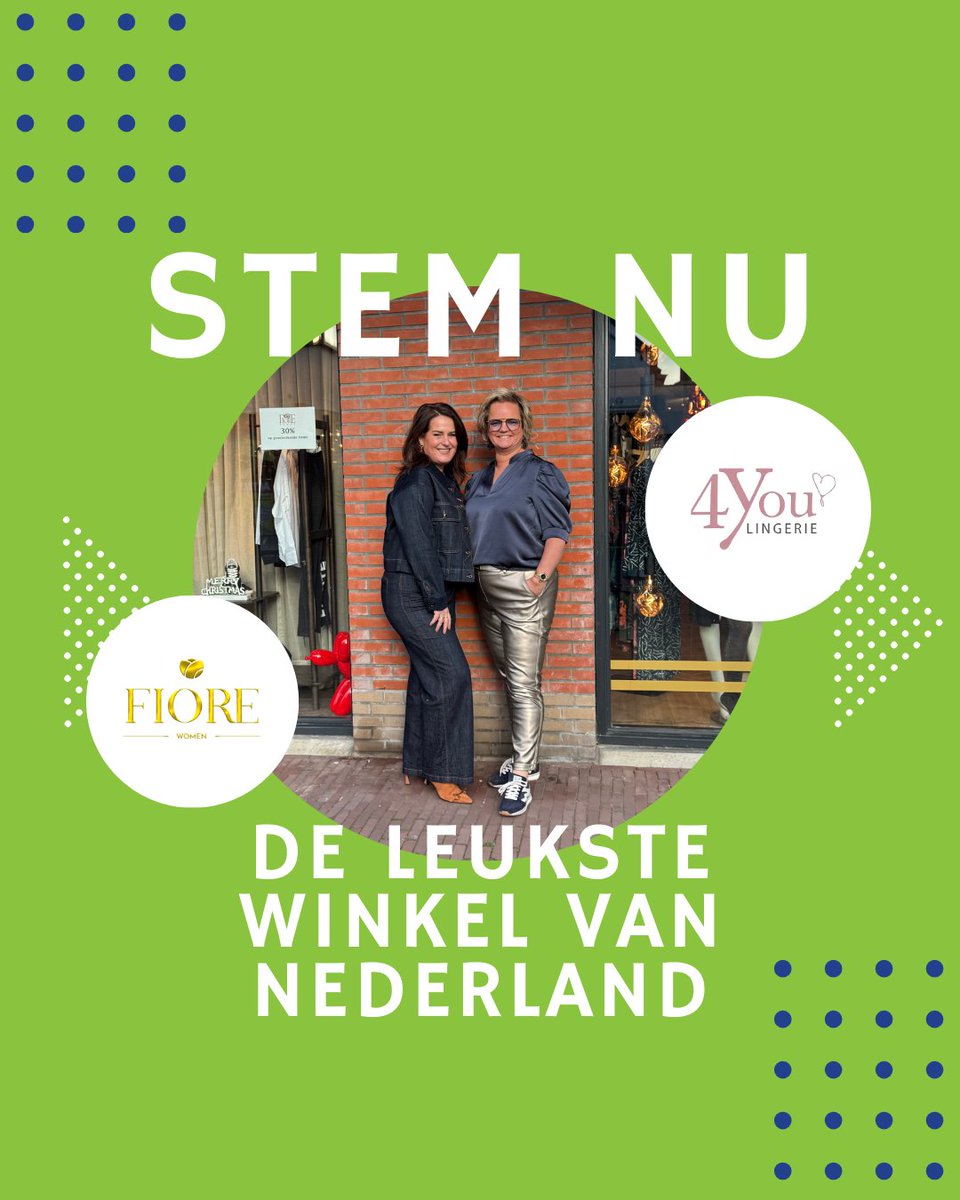 Laatste kans om te stemmen! ✨

Twee winkels uit ons centrum zijn genomineerd voor de verkiezing ‘De Leukste Winkel van Nederland’.

Genomineerd:
👗 4 You Lingerie 
👠 Fiore Damesmode

Help jij mee? 
🗳️ Stem nu (dit kan nog t/m 16 januari) via: deleukstewinkelvannederland.nl/stemhier