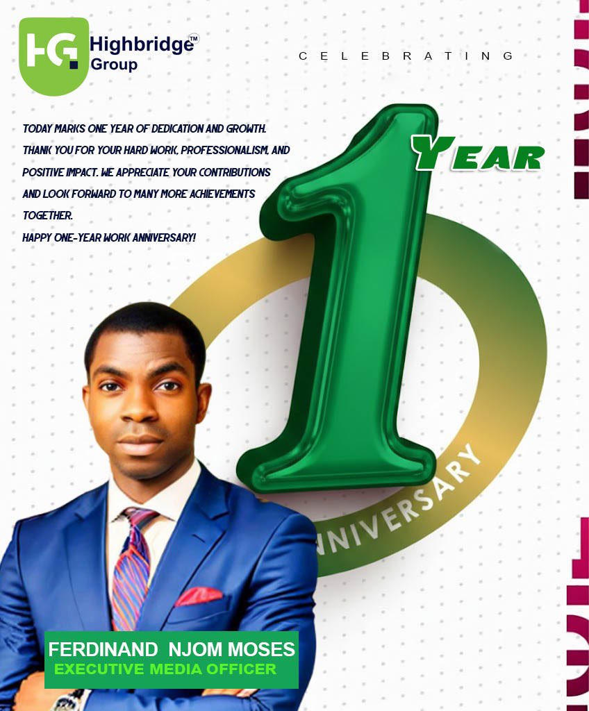 Highbridge_ltd's tweet photo. It’s a double celebration at Highbridge Group today! 🥂
We’re celebrating 1 year of dedication and growth with Ferdinand Njom Moses (Executive Media Officer) and Folagbade Adeyemi (Graphics Designer). 🎊
Thank you for being a vital part of our journey! 🚀
#HighbridgeGroup https://t.co/sqUTeKLh3e
