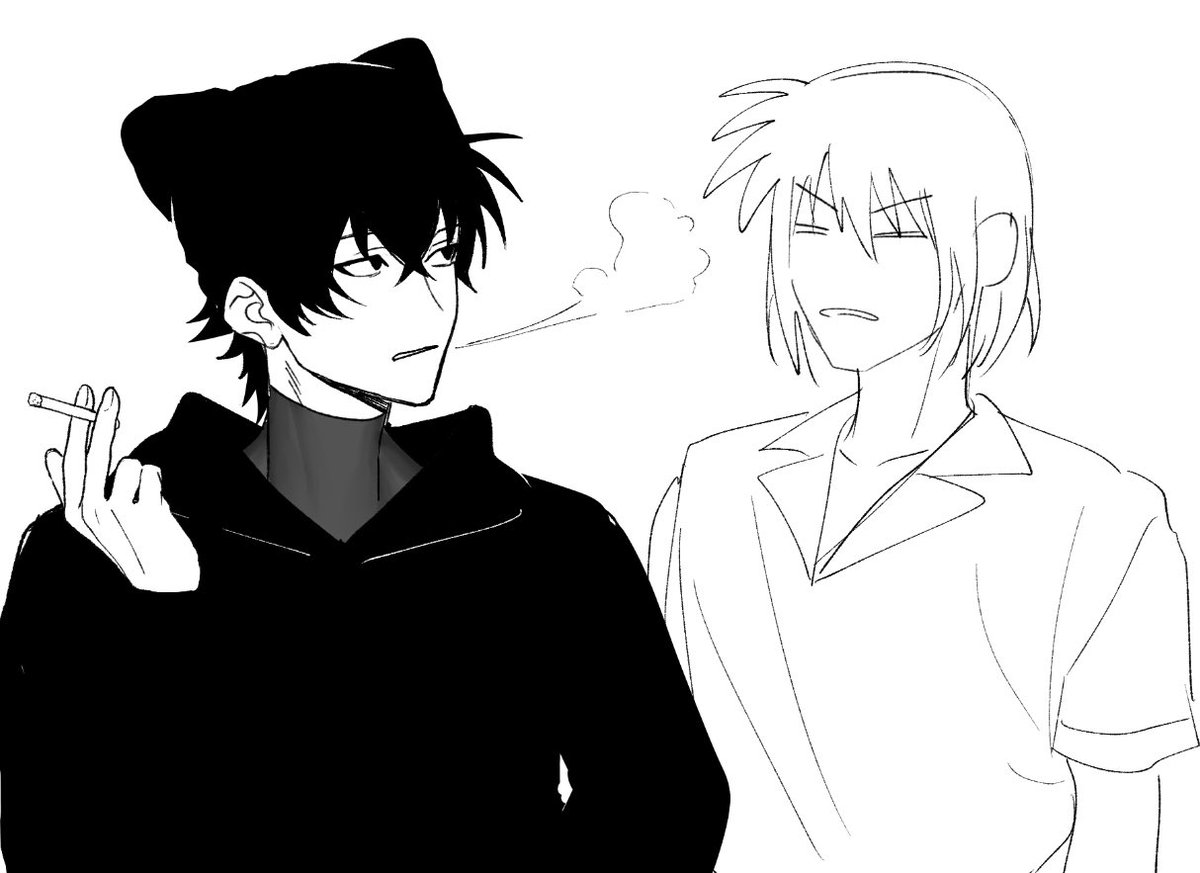 Onoe_02's tweet photo. 猫耳ニット帽をした男性と明るい髪の男性の創作です、仲は良くないです。 https://t.co/StrvyZCi4P