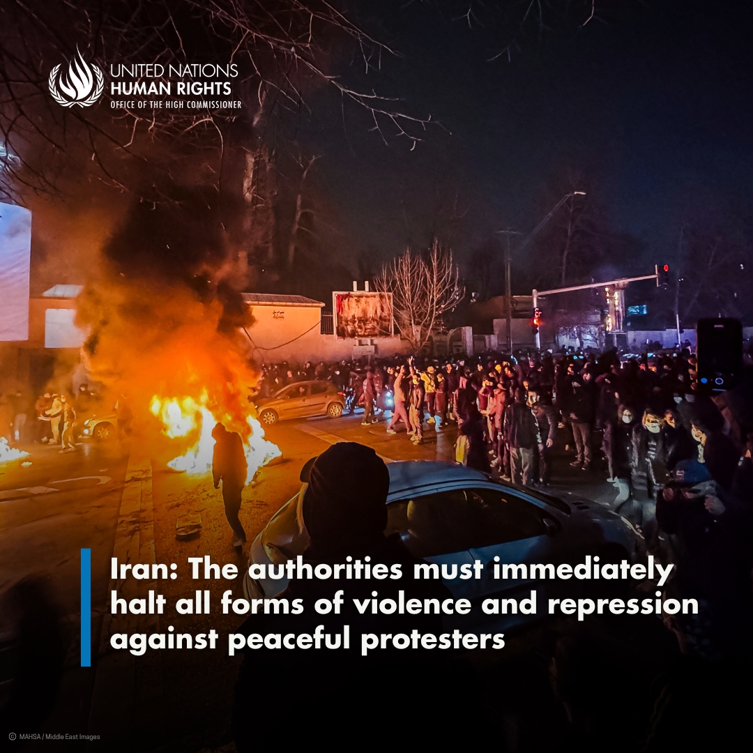 #Iran: <a href="/volker_turk/">Volker Türk</a> horrified by the mounting violence against protesters, as reports indicate hundreds have been killed &amp; thousands arrested.

Authorities must immediately halt all forms of violence &amp; repression, &amp; restore full access to internet &amp; telecommunications.

➡️
