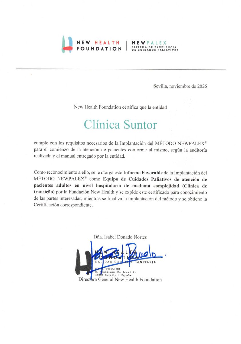 Hoy felicitamos a Clínica Suntor por obtener el Informe Favorable como Equipo de Cuidados Paliativos de atención de pacientes en el nivel hospitalario de mediana complejidad y comenzar la entrada de pacientes para continuar con el proceso hacia la Excelencia.
#NEWPALEX #brasil