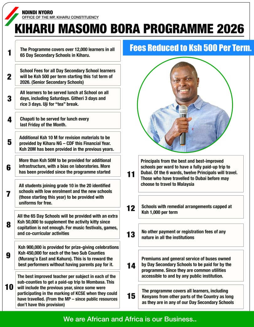 NdindiNyoro's tweet image. Kiharu Masomo Bora - 2026 Edition.

Grateful to have launched the program today.

1.The Programme covers over 12,000 learners in all 65 Day Secondary Schools in Kiharu.

2.School Fees for all Day Secondary School learners will be Ksh 500 per term starting this 1st…