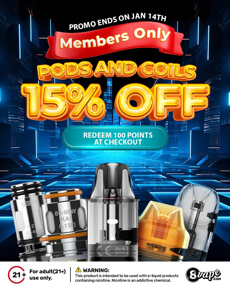 ⏰ 2-Day Member Sale! Don’t miss it! ⏰
Pods &amp; Coils are 15% OFF — Jan 13–14 only!
✨ Redeem 100 points at checkout for even more value!
Shop here 👉 eightvape.com/product-catego…
💥 #VapeLife #VapeDeals #8Vape #EightVape #VapingSale #VapeAccessories