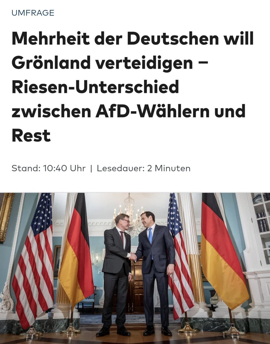 LilitThyra's tweet image. Die Mehrheit der Deutschen will Grönland verteidigen.

Die Mehrheit der Deutschen hat einen absoluten Größenwahn und hat keine Ahnung davon, welche Konsequenzen das haben kann!

Damit gehöre ich wohl zur Minderheit, die das auf keinen Fall möchte!

welt.de/politik/deutsc…