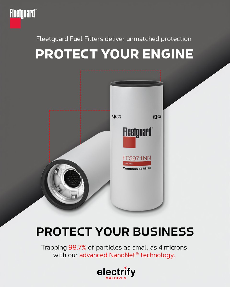 electrifymv's tweet photo. Stop dirt. Protect your engine
Fleetguard Fuel Filters:
 🔧 Longer engine life
 💰 Lower maintenance costs
 🛡️ Best warranty in the business https://t.co/DcFe0NFNEl