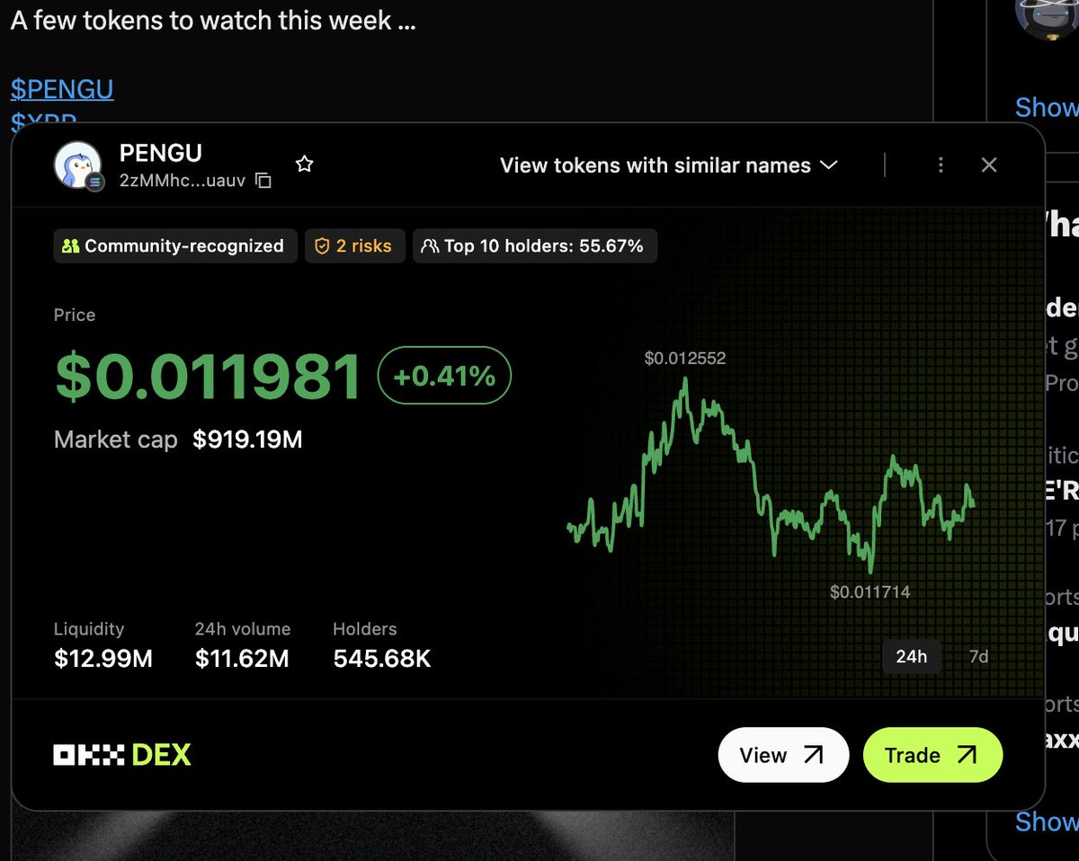 X mobile app is going more onchain next month.👀 You can basically already  do this with the @okx wallet desktop extension - hover a ticker, check out  charts and trade.📊