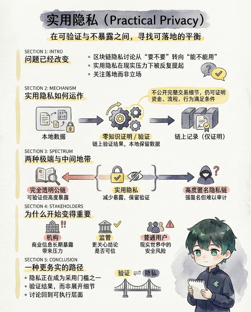 实用隐私（Practical Privacy）> 关于区块链隐私，行业讨论的重点已经发生变化。 争论集中在怎样才能真正落地。 实用隐私（Practical  Privacy） 正是在这种现实压力下被反复提起的概念。 它关注的并不是隐藏一切，而是在不公开完整细节的情况下，仍然能证明关键条件成立 ...