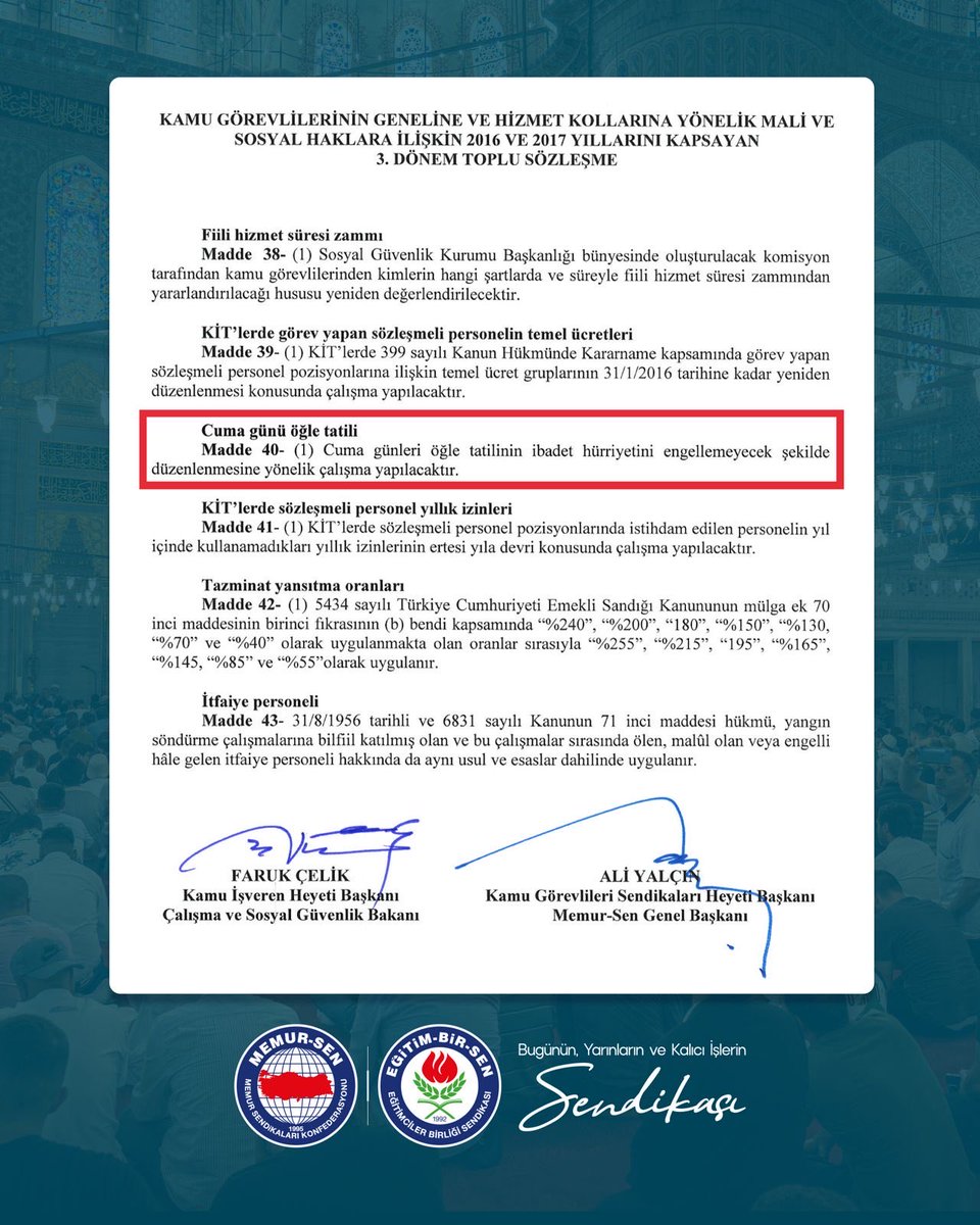 YÖK, üniversiteleri Cuma Namazı’na ilişkin toplu sözleşme hükmüne riayet edilmesi konusunda uyardı
 
Memur-Sen’in 3. Dönem Toplu Sözleşme'de hüküm altına aldırdığı “Cuma Namazı İzni” ile kamu görevlilerinin ibadet hakkını özgürce kullanabilmelerinin yolu açılmış; o tarihlerde