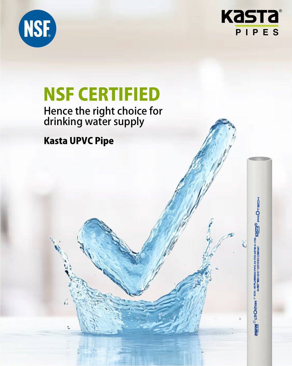 KastaPipesIndia's tweet image. When it comes to drinking water, one can not take any chances.. trust only Kasta UPVC Pipe which is NSF Certified - a global standard for public health and safety!!

_

#KastaUPVCPipe #UPVCPipe #UPVC #KastaPipes #KastaPipesAndFittings #Kasta #BuildingProducts #TrustedByExperts