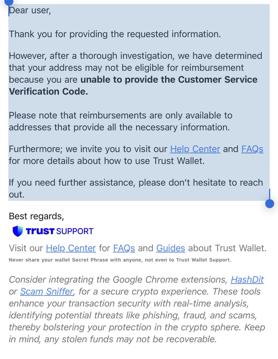 Hello <a href="/TrustWallet/">Trust Wallet</a> You told me to delete and create new wallet !! So why you saying im not eligible for get my money back

$95K its too a lot

I give you everything proof

screenshot of wallet address and QR code of wallet address at the time of the incident

Video withdrawal