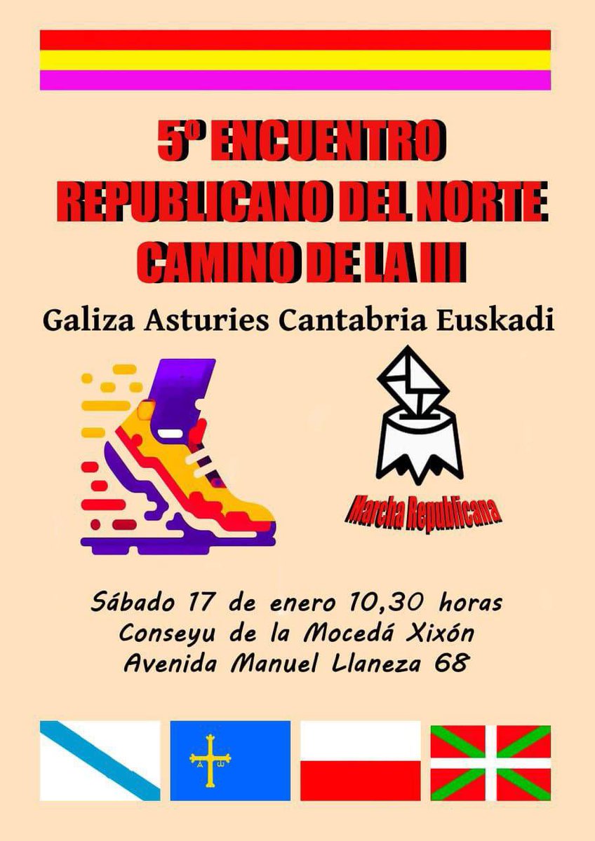 El próximo sábado las gentes de la Marcha Republicana del Norte celebran el V Encuentro Republicano del Norte, para iniciar la campaña hacia la III Marcha Republicana para el mes de junio. Al encuentro asistirán republicanos/as de Galiza, Cantabria, Euskadi y Asturies.