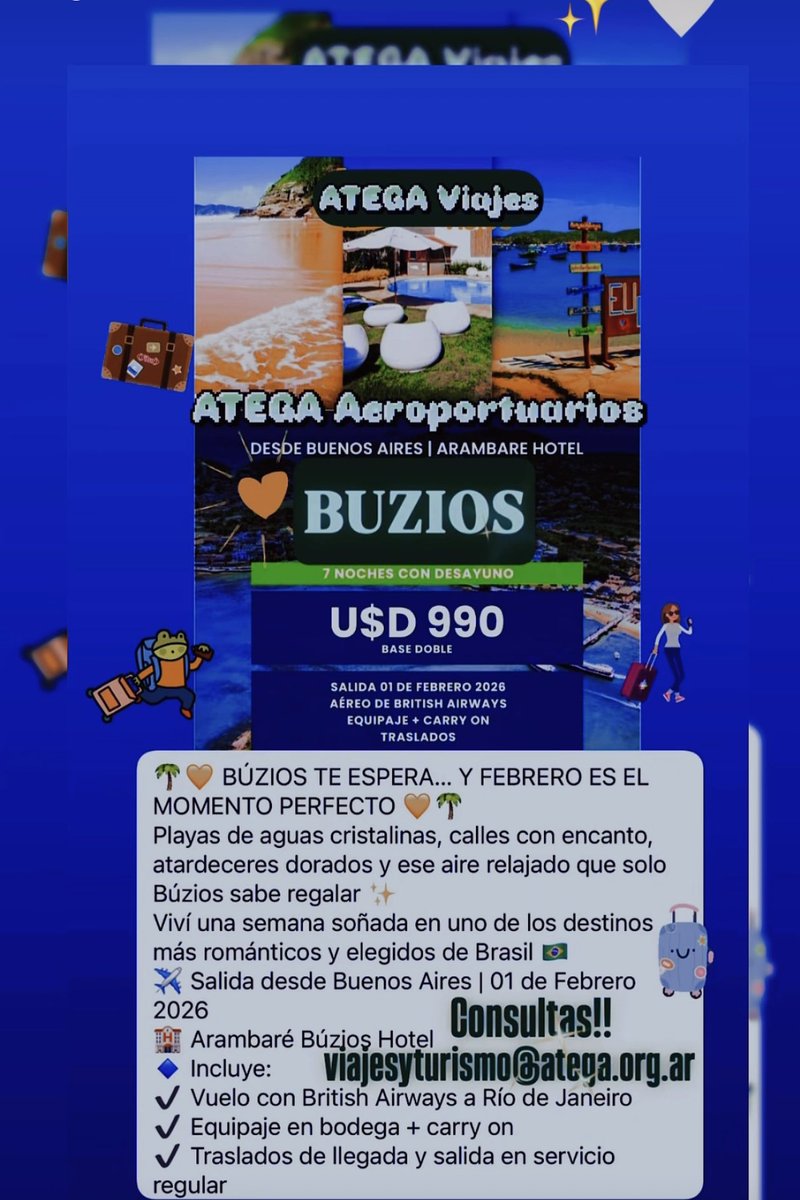 _ATEGA_'s tweet image. ‼️Viaja con ATEGA‼️ 
‼️Consulta Tarifas‼️ 
‼️ATEGA Viajes y Turismo‼️
‼️Todos los destinos‼️
‼️Tu Viaje es HOY‼️ 
‼️ATEGA Va‼️

✈️🚌🚲🏍️🚙⛴️🚁⏳💵 🏨😁🧳🏄🏿‍♂️⛷️🏖️🏔️

‼️Sabemos de Aeropuertos‼️
‼️Sabemos de Viajes‼️

👉viajesyturismo@atega.org.ar

#AtegaViajes #AtegaVa #ModoAtega…