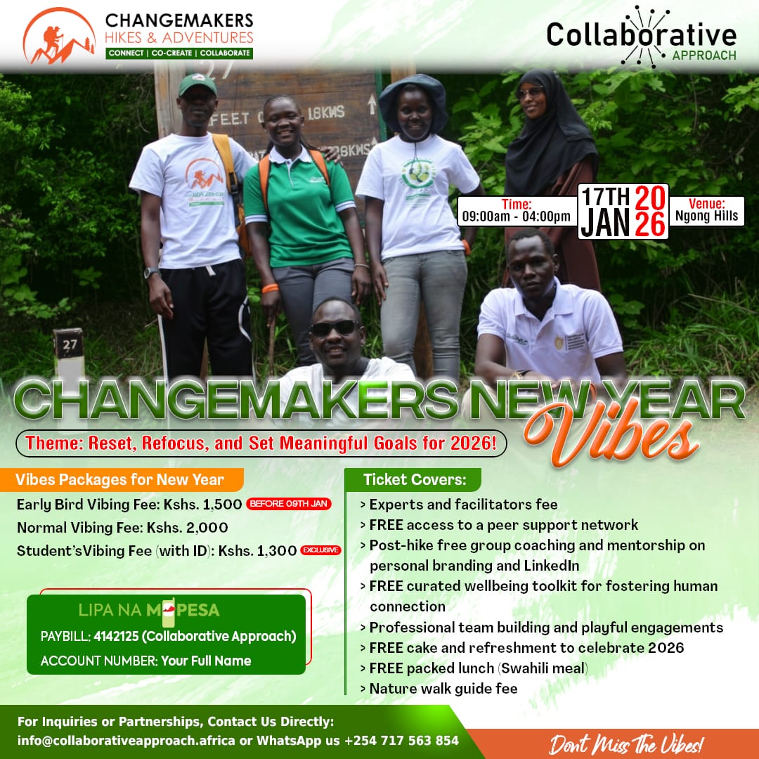 CollabApproach's tweet photo. This Saturday 🌱 join Changemakers Hike &amp; Adventure, New Year Vibes to reset, refocus &amp; gain clarity for 2026. A Ngong Hills basic hike + deep peer convos on productivity &amp; visioning. 

Can’t make it in person? No worries. You can still join the virtual-only session on 22 January https://t.co/PLeoskz2bK