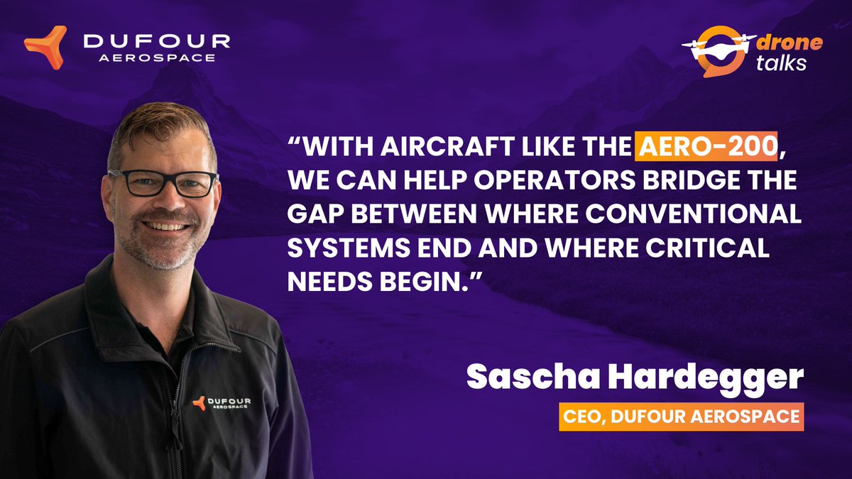 DufourAero's tweet photo. DroneTalks (@drone_talks) has featured Dufour Aerospace in their latest article on the evolution of hybrid-electric drones for logistics, public safety, and intelligence missions.

The article highlights recent Aero-200 milestones, including our 1-hour test flight covering 120 km, 180 plus automated transitions, and demonstrated stable hover and transition in steady winds around20 kt with gusts up to 25 kt, with modelling correlation toward 30 kt steady.

Here’s what you’ll learn in the piece:  
🔸 Aero-200 baseline specifications: 6m wingspan, 208 kg maximum take off mass, 38 kg useful load, efficient cruise speed of 125 km/h, and a typical mission defined as 20 kg over 200 km. 
🔸 Flight test progress: 180 plus automated transitions completed with no pilot input beyond mode selection, plus demonstrated wind performance in vertical flight above 20 kt steady with gusts up to 25 kt. 
🔸 Operational execution: how a medical logistics mission is run with predefined routing, clinical oversight, strict time windows, specialist handling, and coordination across multiple stakeholders, using an Aero-30 system with integration support.

As CEO Sascha Hardegger noted: “We are not necessarily just building the Aero-200. The Aero-200 is the start.”

📖 Read the full feature here: https://t.co/DD9Xy4qUs4  

#Aero200 #aviation #dronedelivery #droneindustry