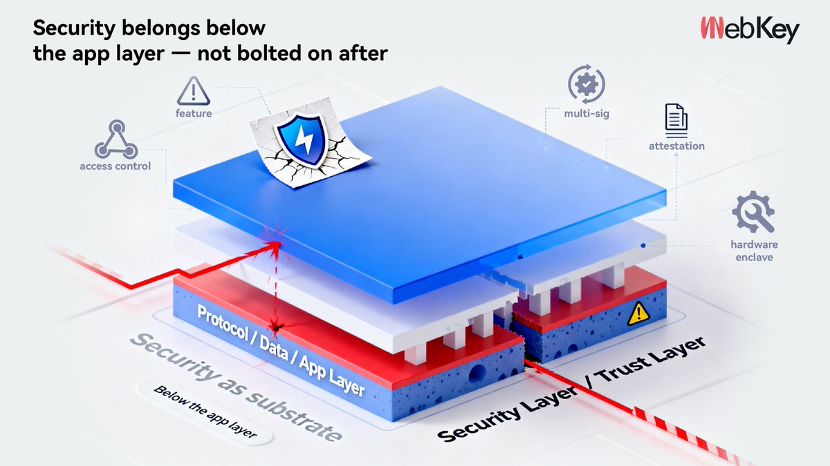 WebKey_'s tweet image. WebKey’s core thesis is subtle but important:

Security should live below the application layer,
not be added on top of it.

Once security becomes a feature,
it’s already too late.

#SecurityArchitecture #Web3