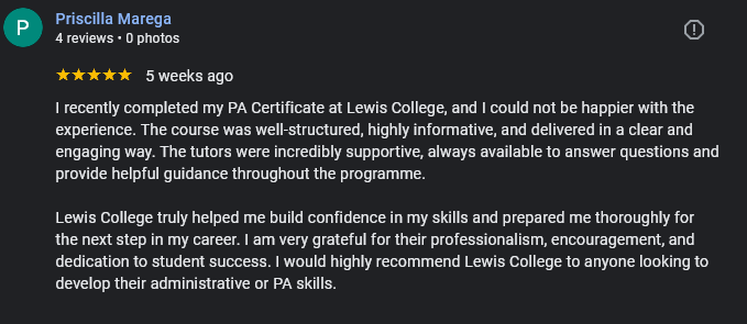 🎉 Huge congrats to Priscilla 🌟 

She says: “The course was well-structured, informative, and engaging. Tutors were supportive and always available.” 

We’re proud of our dedicated team—Simon, Rebecca, and Jen—who provide personalised support! 🙌