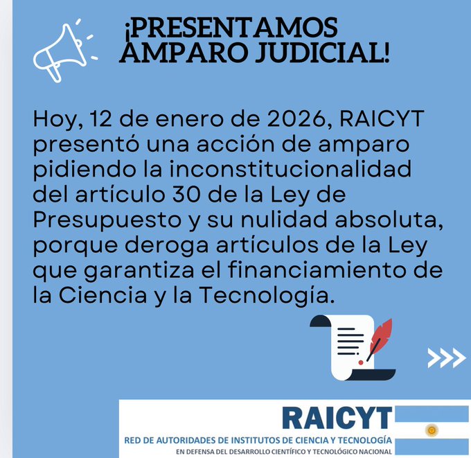 norabar's tweet image. ¡Buen martes! Hoy ☀️🌤️🌤️ 33° de máx. 
📢📢 @RAICYT_Ar  presentó un nuevo amparo pidiendo  la inconstitucionalidad del artículo 30 de la Ley de Presupuesto dado que deroga los artículos 5 a 7 de la Ley de financiamiento del Sistema Nacional de Ciencia, Tecnología e Innovación👇