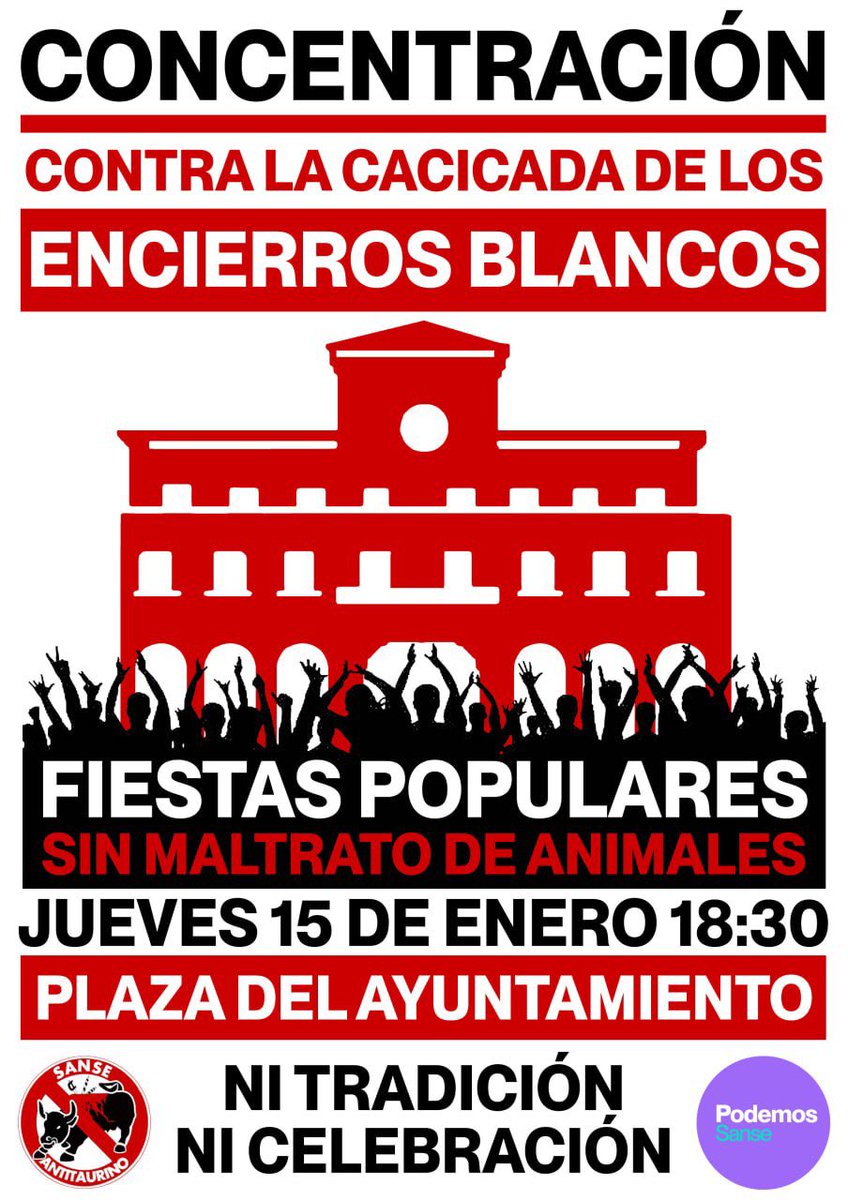Lejos de la lógica civilizada de reducir festejos taurinos hacia su abolición, en #Sanse se inventan una nueva "tradición" a la que llaman "#EncierrosBlancos “

Vamos a dejar claro que somos más quienes no aceptamos más fiestas populares centradas en #MaltratoAnimal 
#SiSePuede