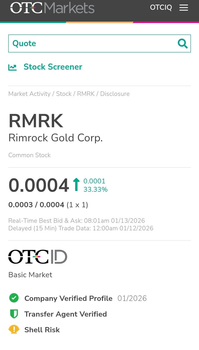 🔥 $RMRK just got a fresh OTC update: Verified profile ✅, Transfer Agent confirmed 🛡️, trading live on OTCID. AS untouched, OS nearly maxed. Shell risk flagged but momentum building. Eyes on Rimrock Gold Corp. 👀 #OTCMarkets $RMRK