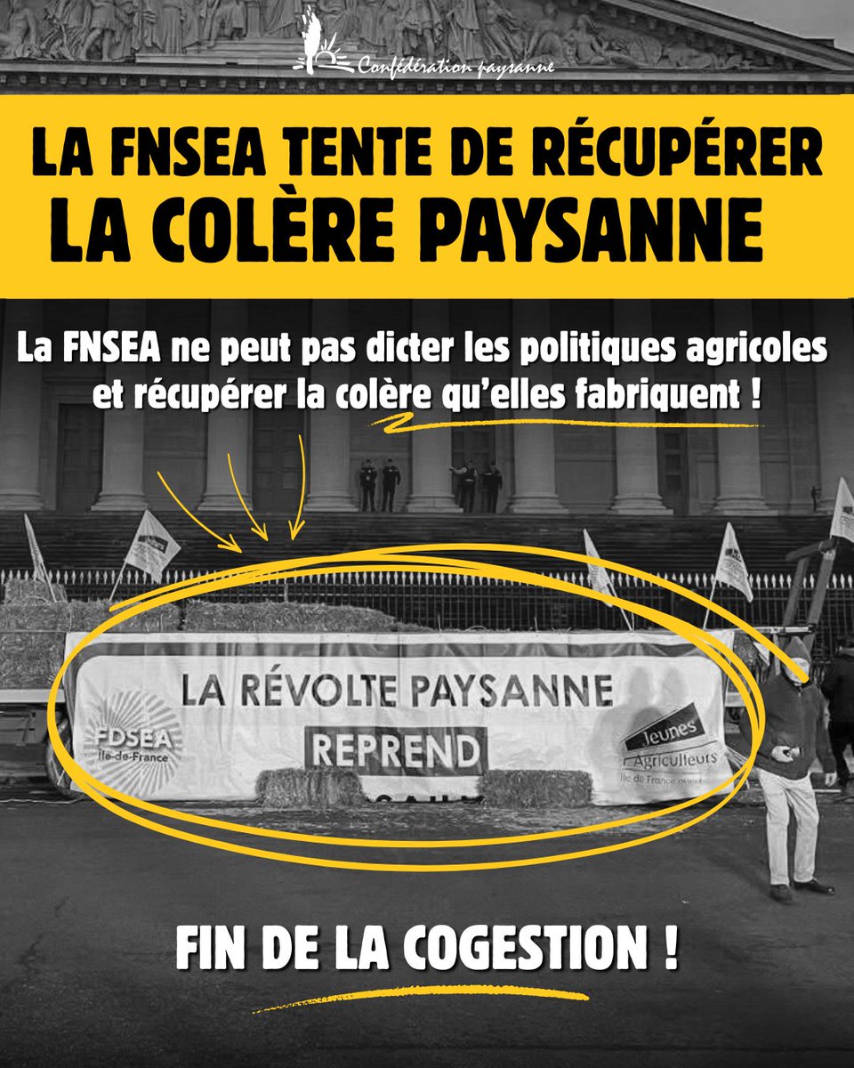 Comme en 2024, les dirigeants de la FNSEA essayent de noyauter la mobilisation agricole et poussent leurs pions au profit de leurs propres intérêts et non de celle de la majorité des paysan·nes. Et encore sur le dos des éleveur·euses ! #DNC #StopAbattageTotal #StopUEMercosur