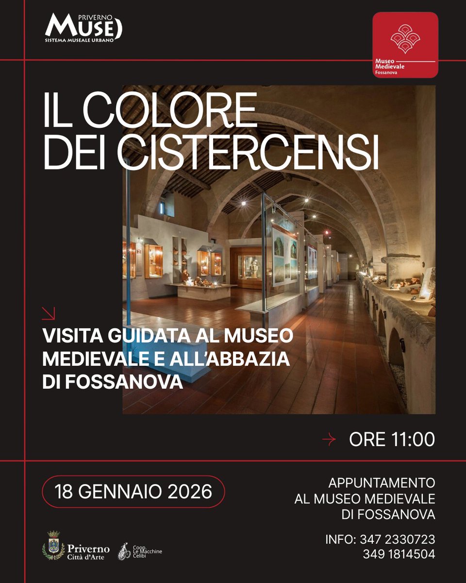 Visita guidata al Museo Medievale e all’Abbazia di Fossanova dedicata ai colori e alla cultura dei Cistercensi.
Per info: compagniadeilepini.it/.../priverno-i…...
#IlColoreDeiCistercensi #MuseoMedievale #AbbaziaDiFossanova #Priverno #ArteMedievale #Cistercensi #montilepini