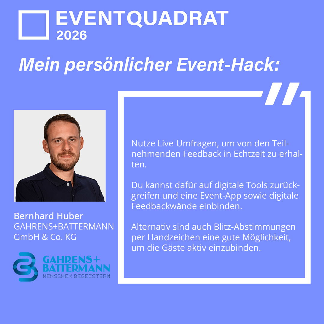 EVENTQUADRAT 2026 | Wir stellen Dir die teilnehmenden Anbieter vor

Bernhard Huber | Gahrens + Battermann

Hier geht's zur Anmeldung für Planer:
eventquadrat.de 

#eventhacks #eventprofs #mice #Legacy #wandel #transformation #eventbranche #Kongressmanagement #EQ26