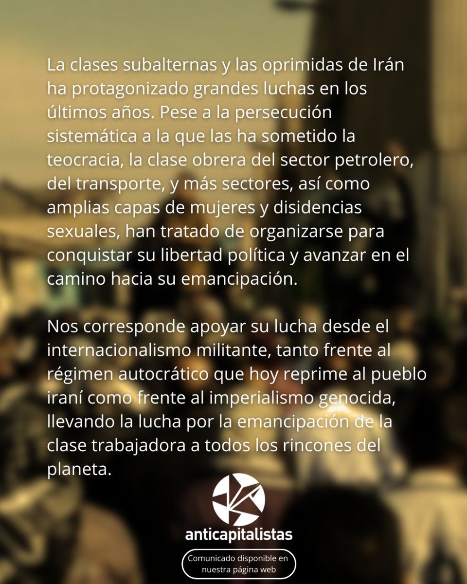 📝Comunicado | Sobre la revuelta iraní y las maniobras del imperialismo: ¡Solidaridad internacionalista con la clase obrera!

📍 Podéis leer el comunicado completo en nuestra web: anticapitalistas.org/comunicados/so…