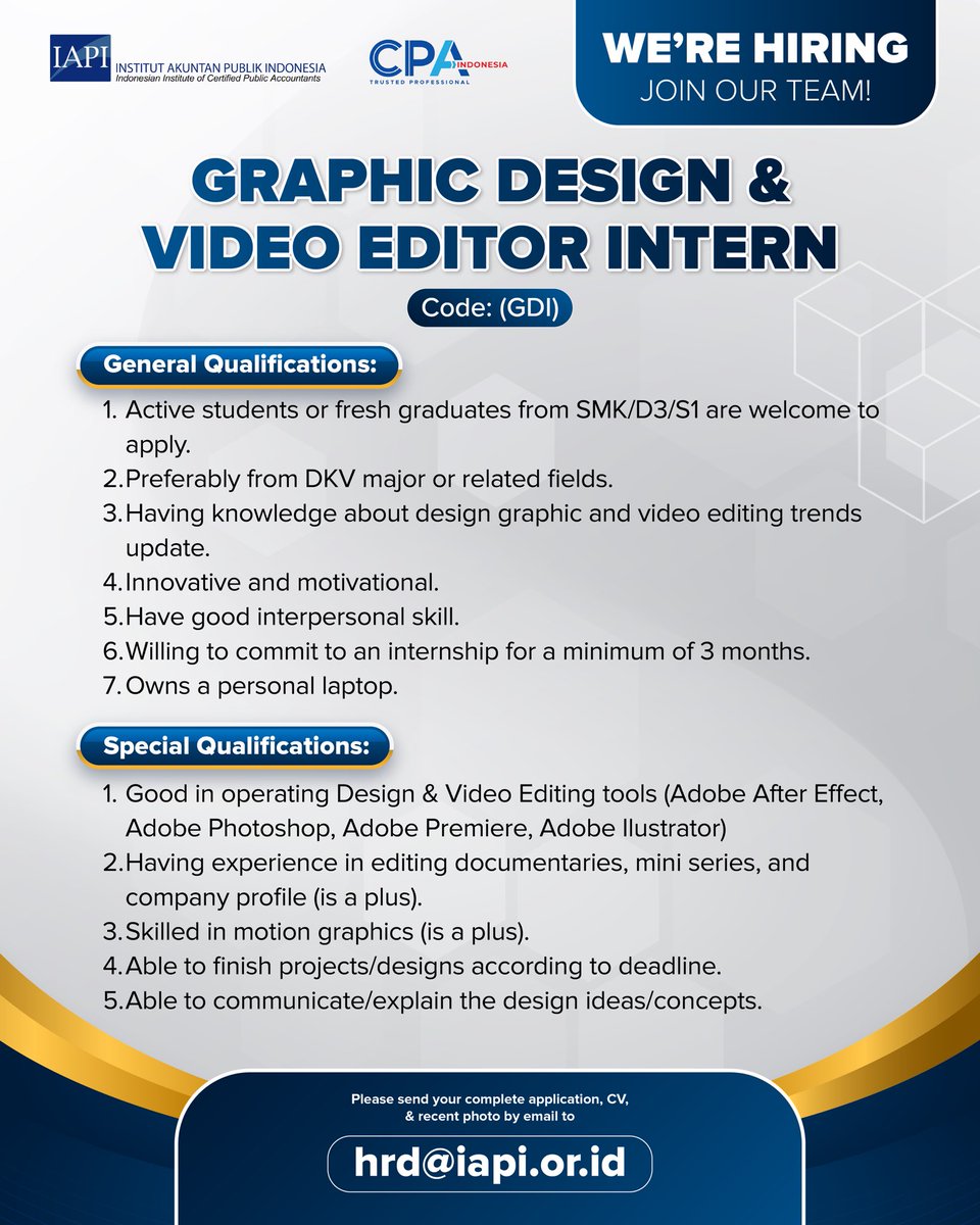 iapi_official's tweet image. IAPI kembali membuka kesempatan magang untuk Desain Grafis &amp;amp; Video Editor.

Jika anda cocok dengan kualifikasi diatas, kirimkan CV, lamaran kerja dan portofolio anda melalui email ke Hrd@iapi.or.id dengan subjek yang dilamar.

#IAPI