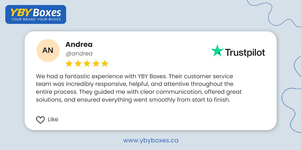 ybyboxescanada's tweet image. Real feedback that matters! Andrea’s review highlights how YBY Boxes Canada delivered exceptional quality custom boxes and unmatched support from start to finish. 

More Reviews: shorturl.at/chC3r

#YBYBoxes #YBYBoxesCanada #CustomerReview #HappyCustomers #TrustedPackaging