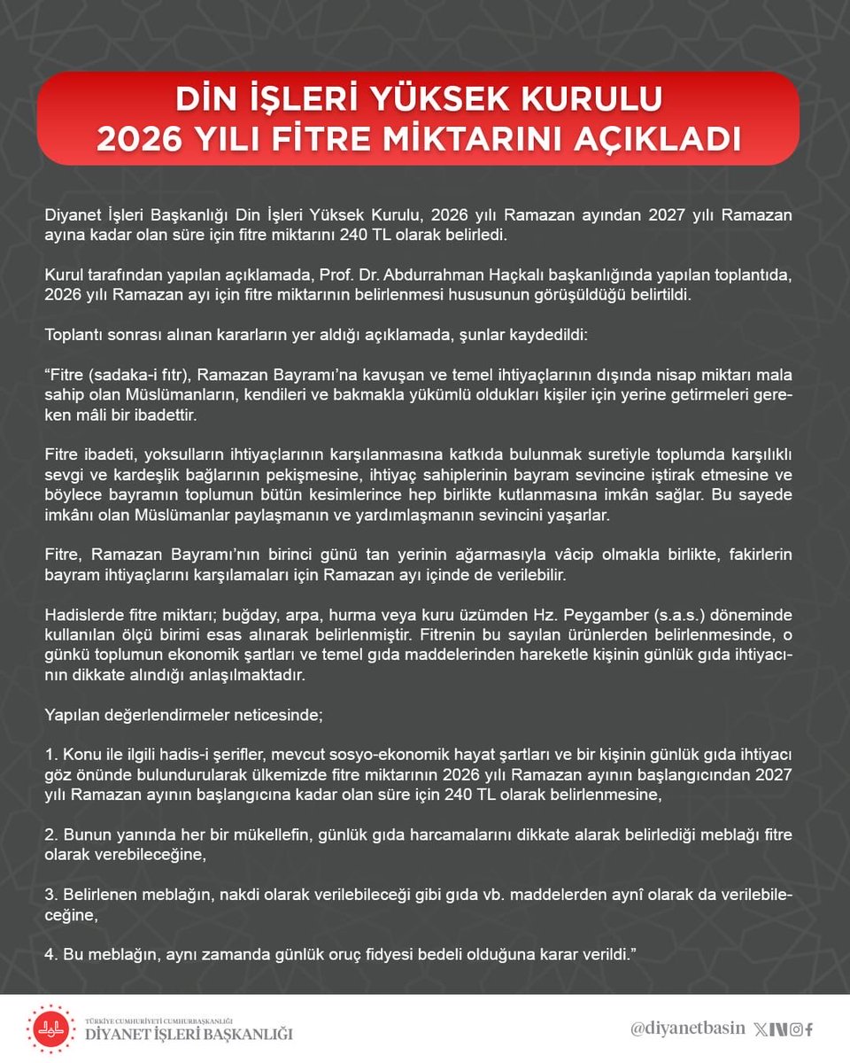 Diyanet İşleri Başkanlığı Din İşleri Yüksek Kurulu, 2026 yılı Ramazan ayından 2027 yılı Ramazan ayına kadar olan süre için fitre miktarını 240 TL olarak belirledi.