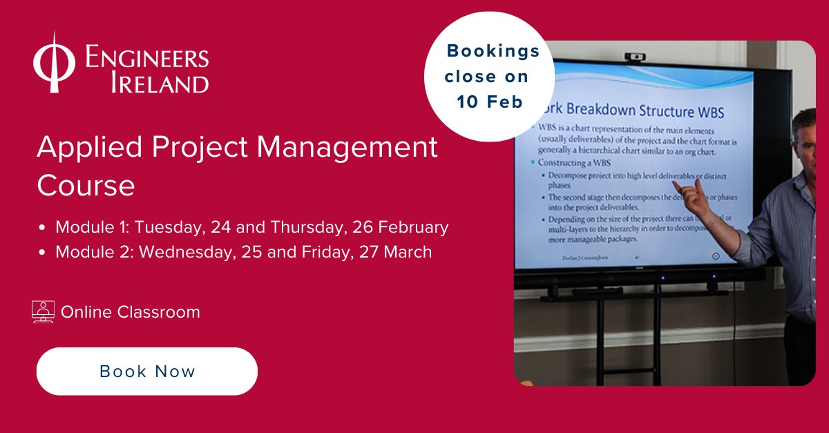 EngineerIreland's tweet photo. The Applied Project Management Course is taking place from Tuesday, 24 February with Declan Cunningham. 

For more details and to book please click here: https://t.co/RCDFlN5Fss 

#ProjectManagement #ProjectLifecycle #PMI #CPD #EngineersIreland https://t.co/itOfL2XGqy