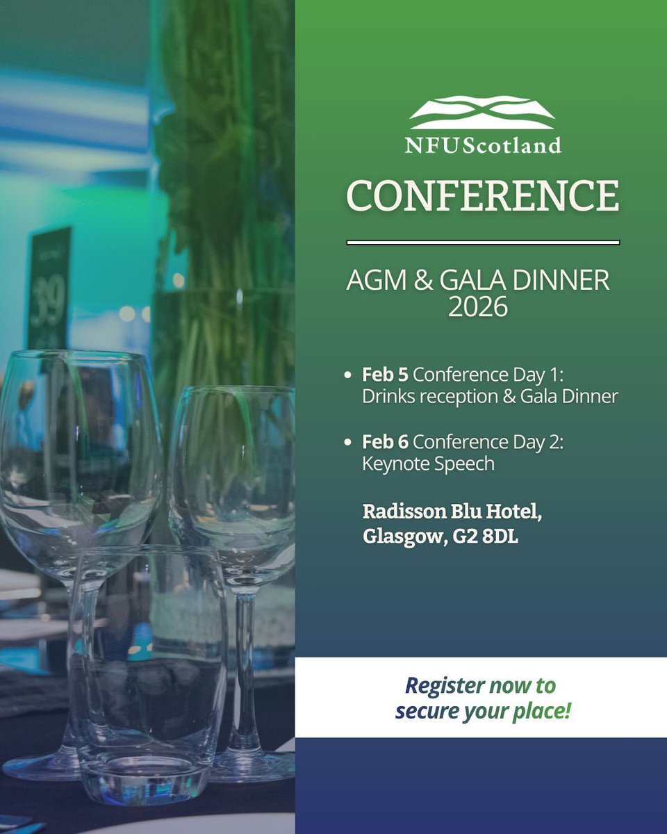 🚜 Be part of the NFU Scotland Conference, AGM &amp; Gala Dinner, a two day event bringing together expert speakers, industry leaders and outstanding Scottish food and drink.

📅 5 &amp; 6 February 2026
📍 Radisson Blu Hotel, Glasgow

Secure your place today! : tinyurl.com/45zbh6ny