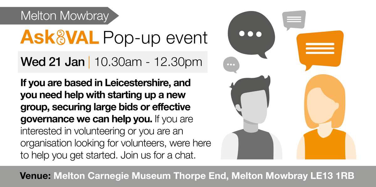 valonline's tweet photo. #askVAL 
Are you interested in getting involved in volunteering and community action in Leicestershire?
➡️Come along and join us for a chat to find out more: 
https://t.co/cCiStOUnEF
@MeltonBC https://t.co/ZmZqXWrT2W